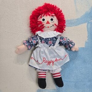 VTG Raggedy Ann Doll Classic Red Yarn Hair Blue Floral Dress Apron Plush Toy 15"